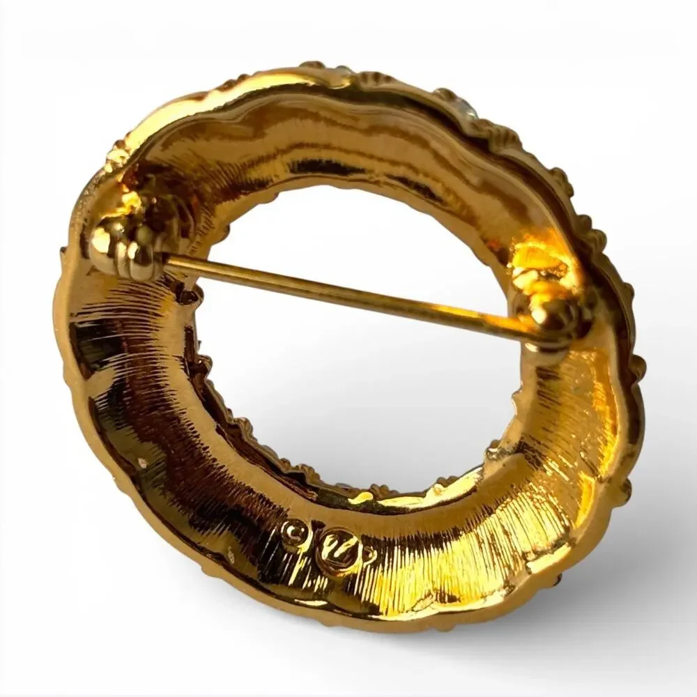 Vintage Swarovski Swan Signed Gold Tone Clear Rhinestone Circle Wreath Brooch